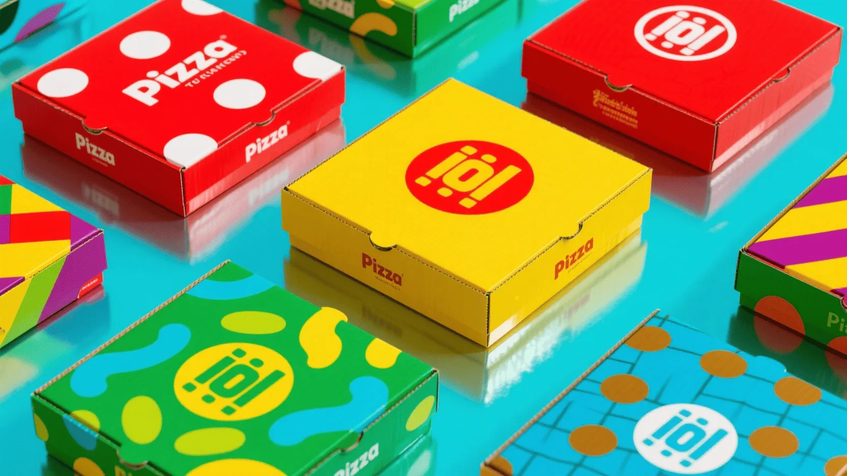 A collage of uniquely designed, colorful custom pizza boxes showcasing different brand personalities.