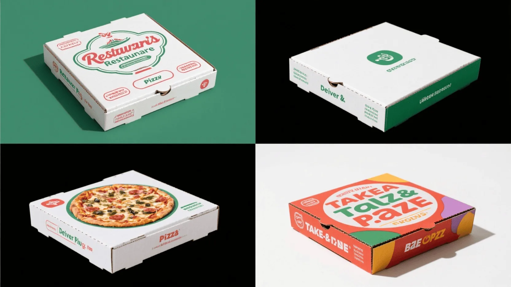 A composite image showing four different styles of pizza boxes: a classic restaurant box, a sleek delivery box, a colorful frozen pizza carton, and a retail take-and-bake box.