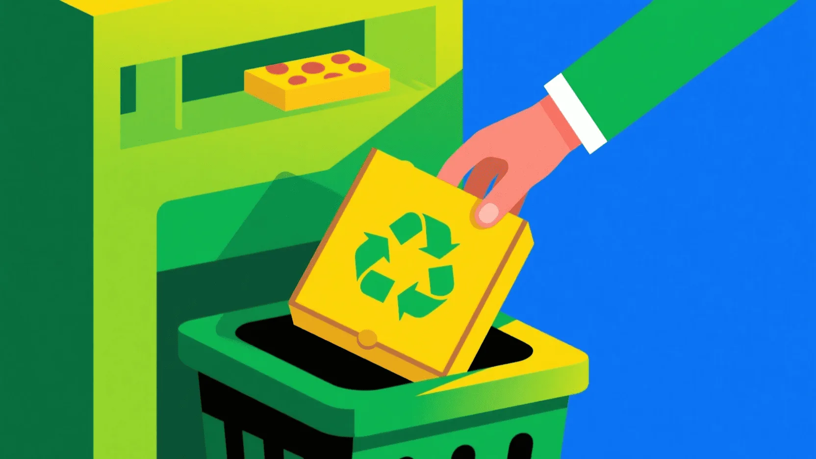 A hand placing a pizza box with a prominent recycling logo into a recycling bin.