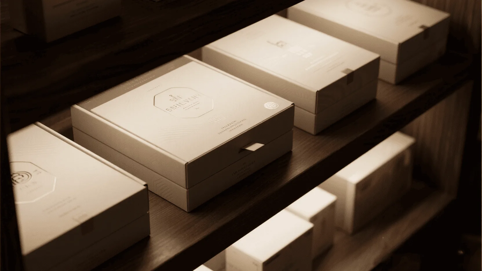 A stack of beautifully designed flip-top boxes displayed neatly on a modern retail shelf.