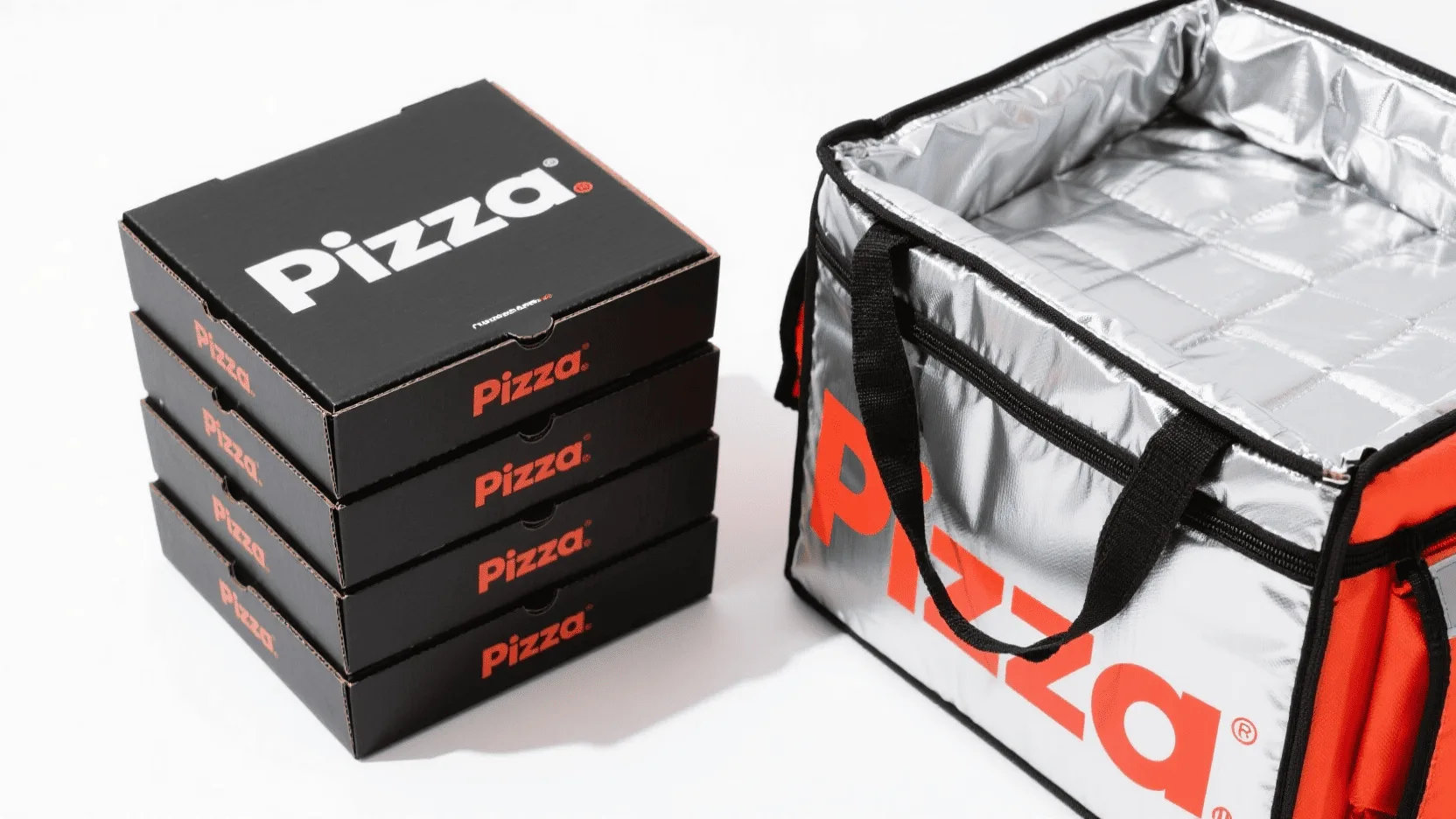 A stack of sleek, modern, and boldly branded pizza boxes next to a thermal delivery bag, ready for a driver.