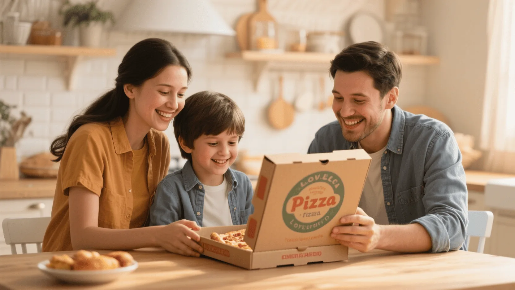 A family smiling as they open a beautifully designed pizza box from a local pizzeria on their kitchen table.