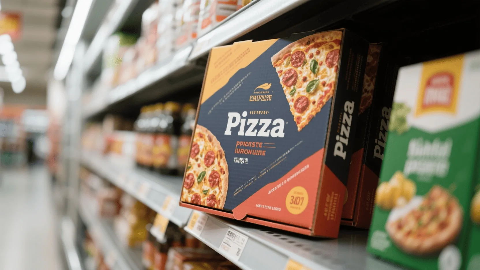 A beautifully designed frozen pizza box with rich colors and a matte finish standing out in a grocery store freezer aisle.