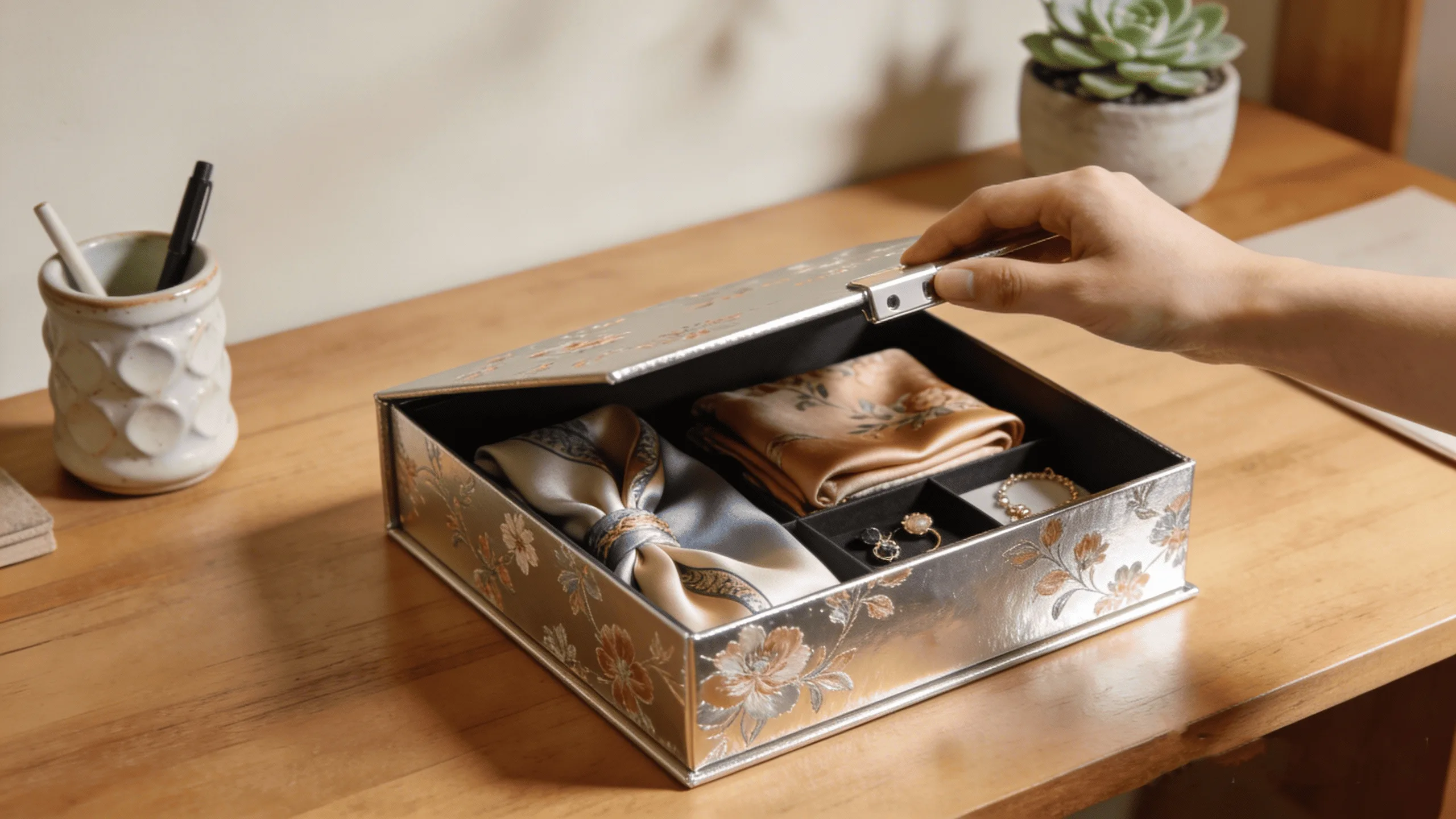 A person reusing a beautiful magnetic gift box to store personal items on a stylish desk.