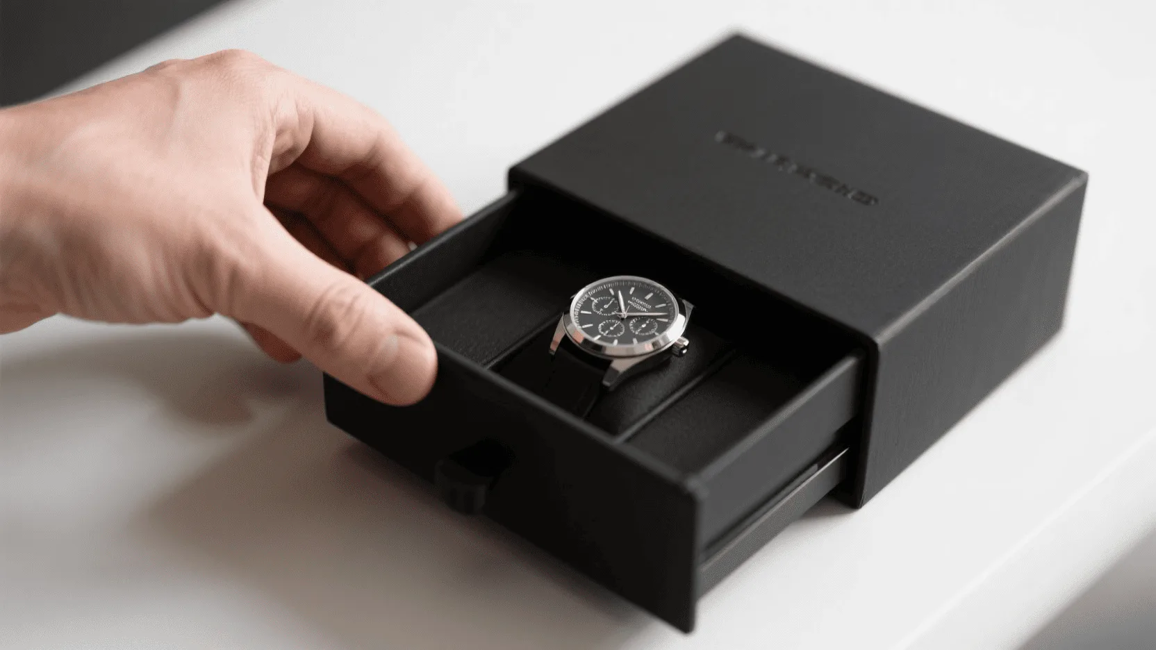 A close-up of a person sliding open a matte black rigid drawer box to reveal a luxury watch nestled in a custom insert.