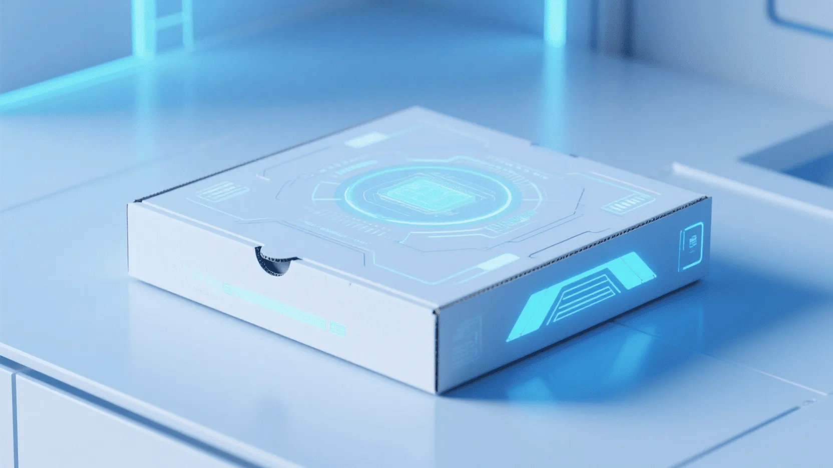 A futuristic concept image of a pizza box with glowing digital elements on a clean, modern background.