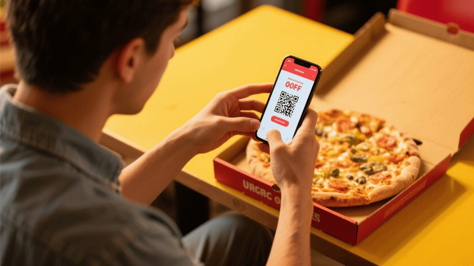 A person scanning a QR code on a pizza box with their smartphone to access a special offer.