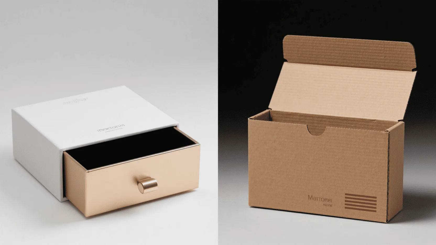 A side-by-side image showing a sleek, elegant rigid drawer box next to a sturdy, brown corrugated mailer box.