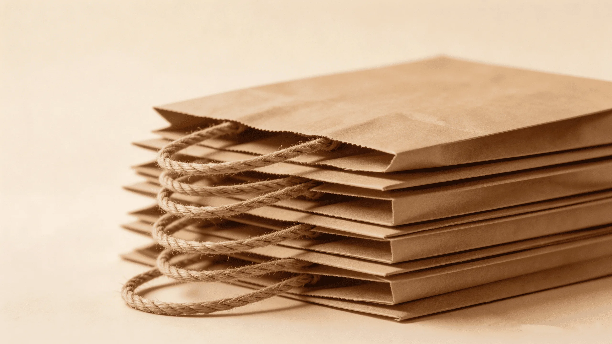 A neatly stacked pile of brown kraft paper bags with twine handles, showcasing their natural and sustainable aesthetic.