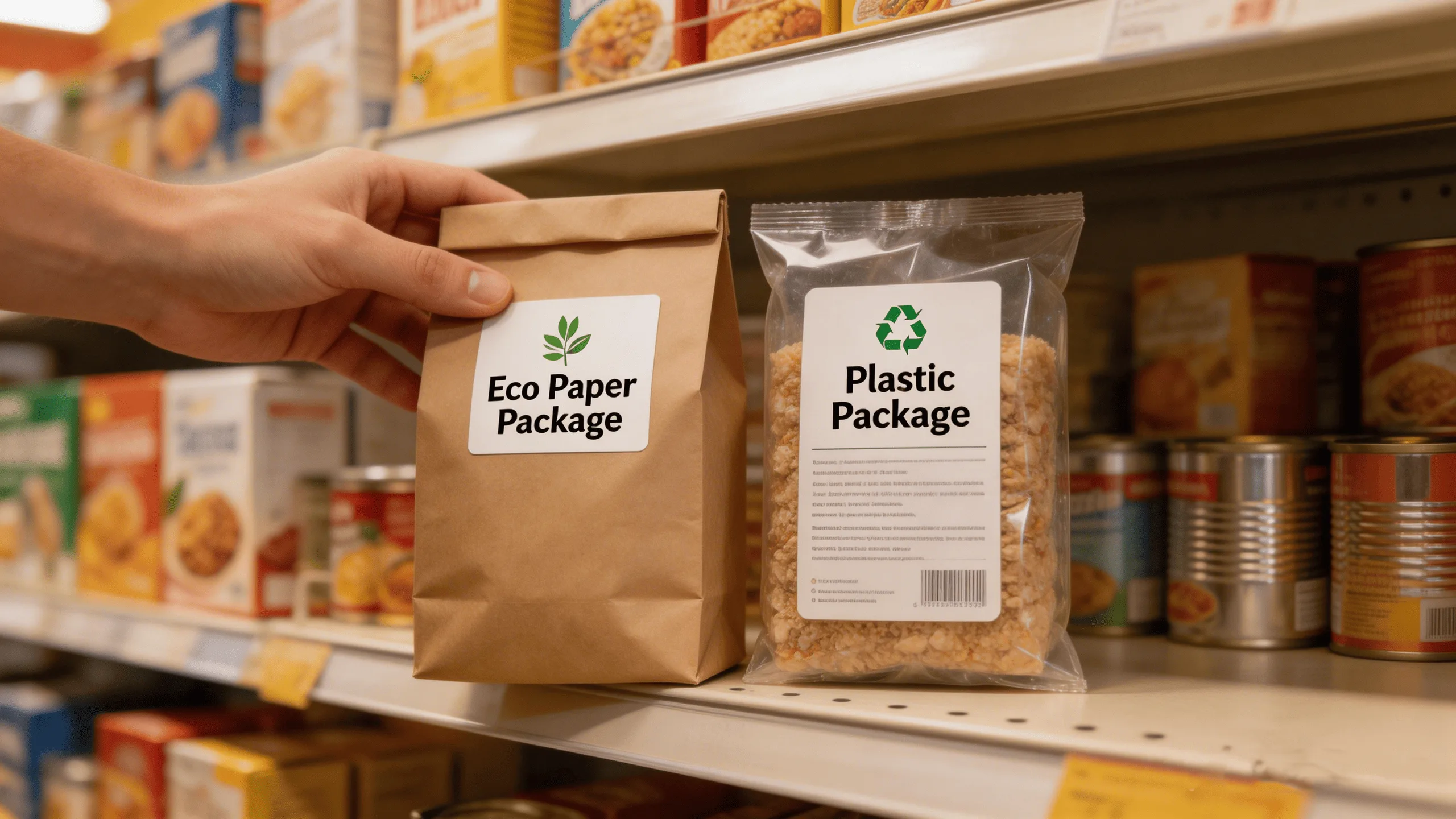 A person's hand choosing a product in a paper bag over one in plastic packaging on a store shelf.