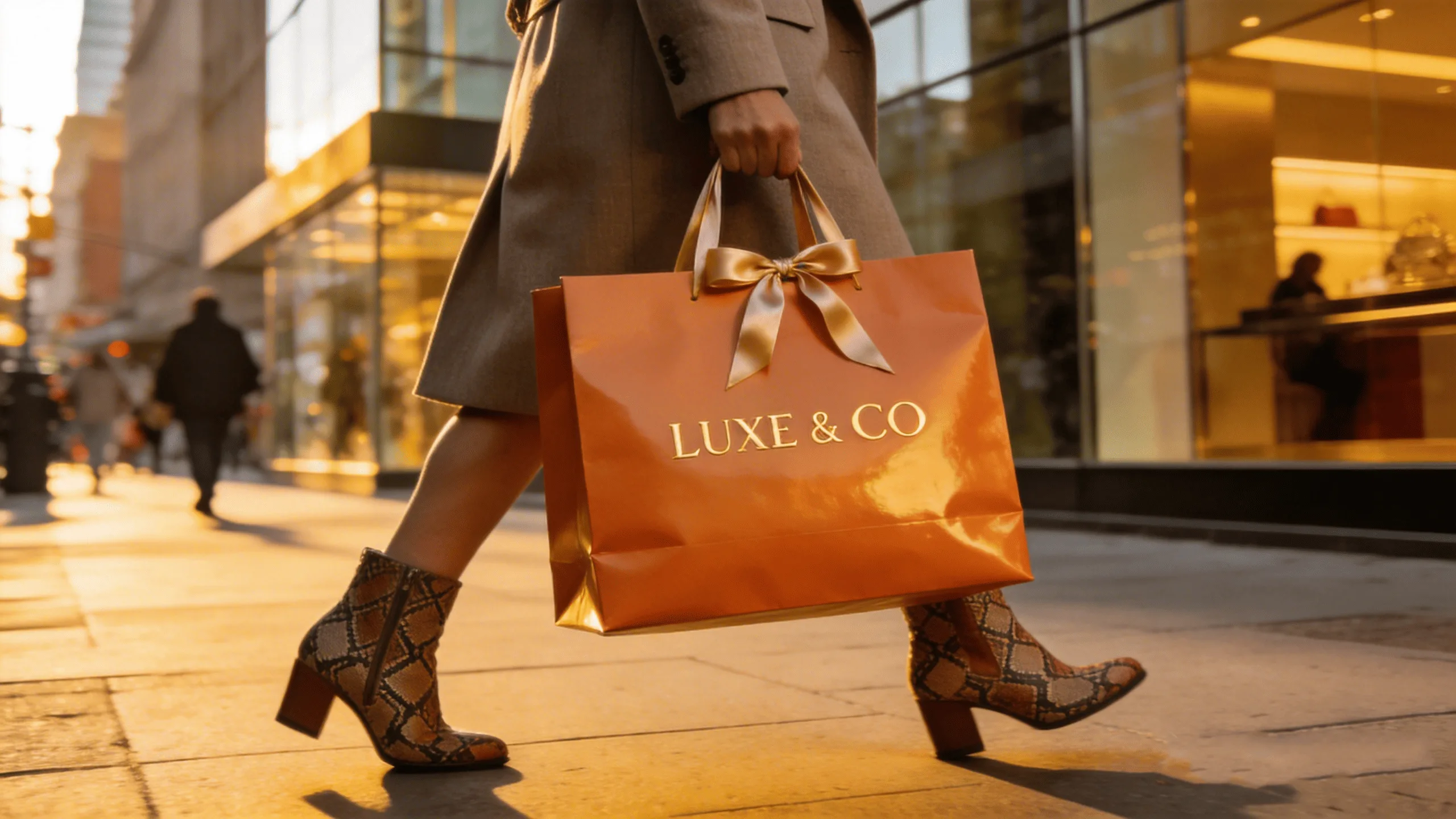 A stylish person walking down a city street carrying a beautifully branded paper bag from a luxury store.