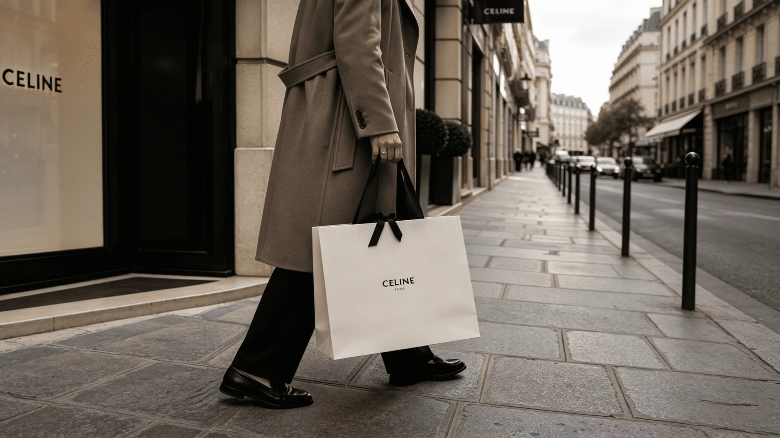 A person carrying a sleek, minimalist luxury shopping bag with ribbon handles down a stylish city street.