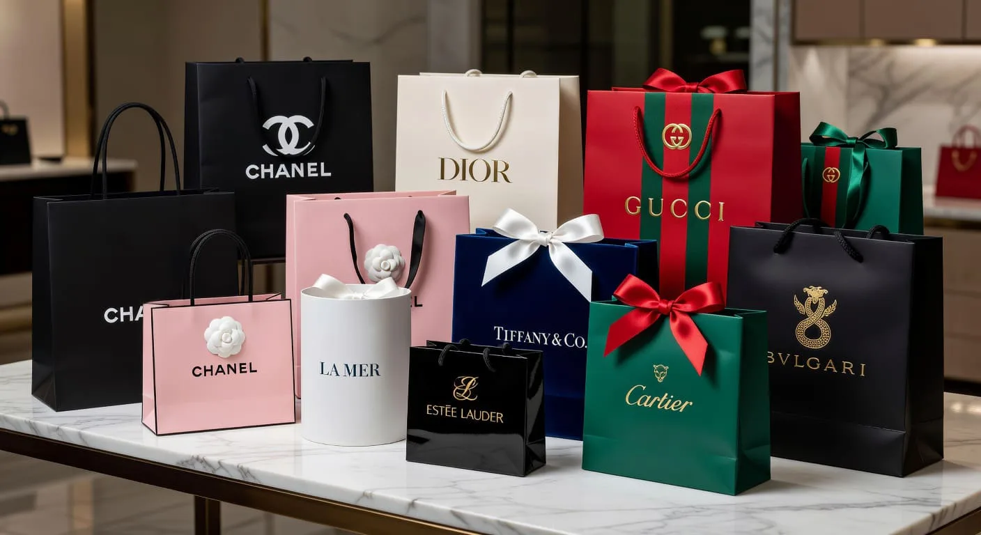 An assortment of luxury shopping bags from different industries—fashion, cosmetics, jewelry—showing diverse styles and branding.