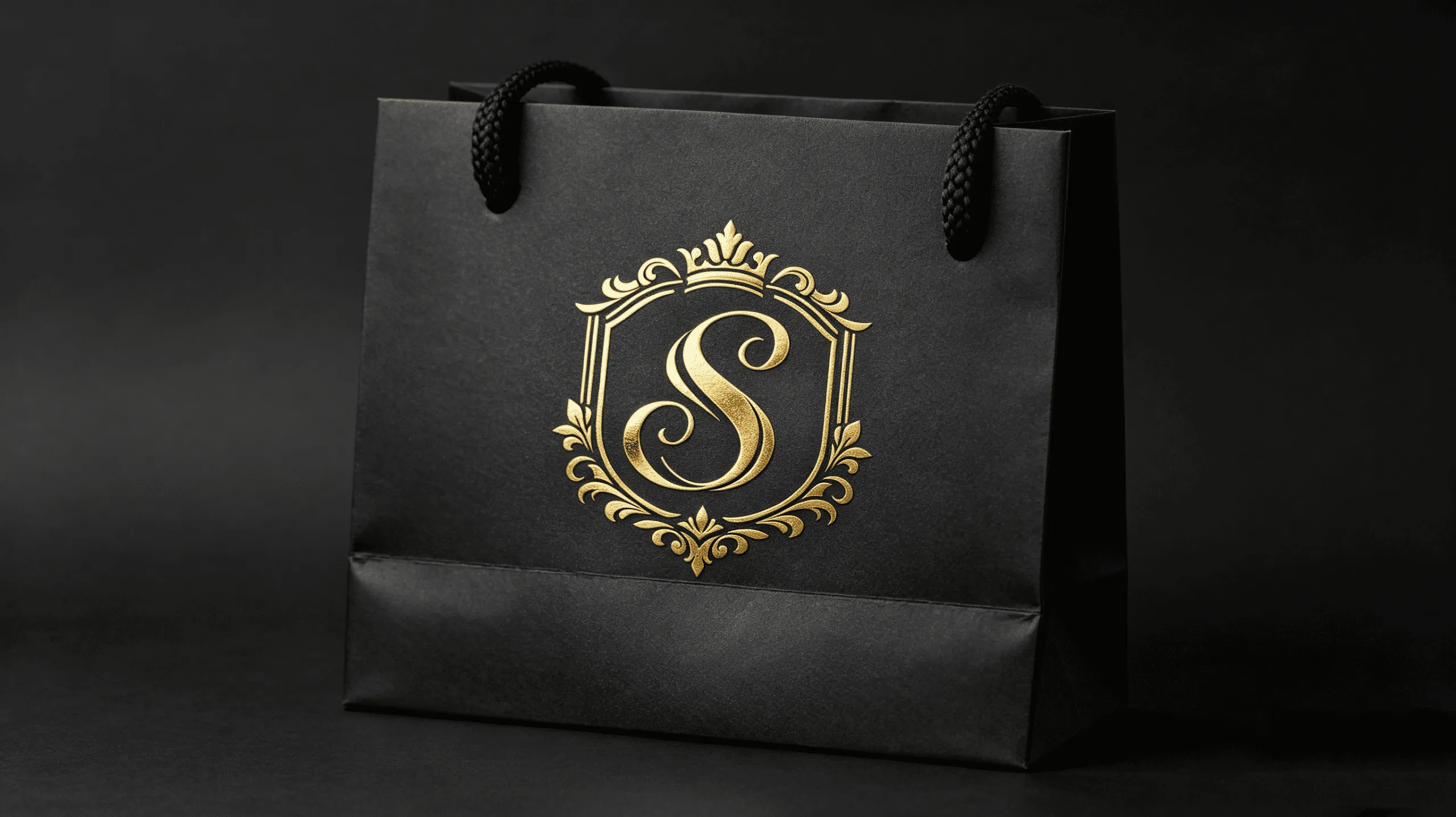 A detailed shot of a gold foil stamp logo on a matte black paper bag, highlighting the contrast and luxury finish.