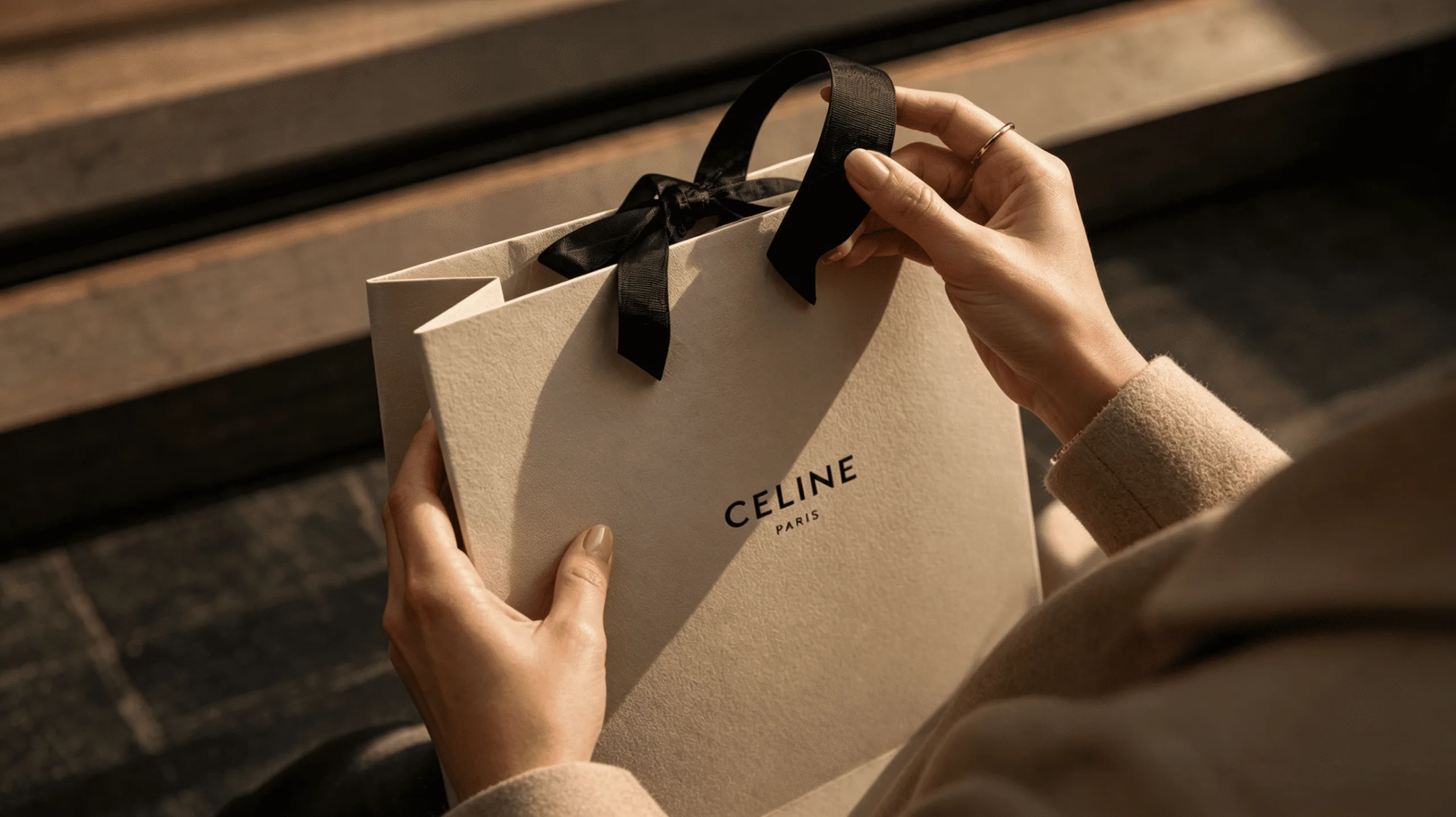 Close-up of a customer's hands holding a beautifully crafted paper bag, feeling the texture of the paper and the quality of the ribbon handle.
