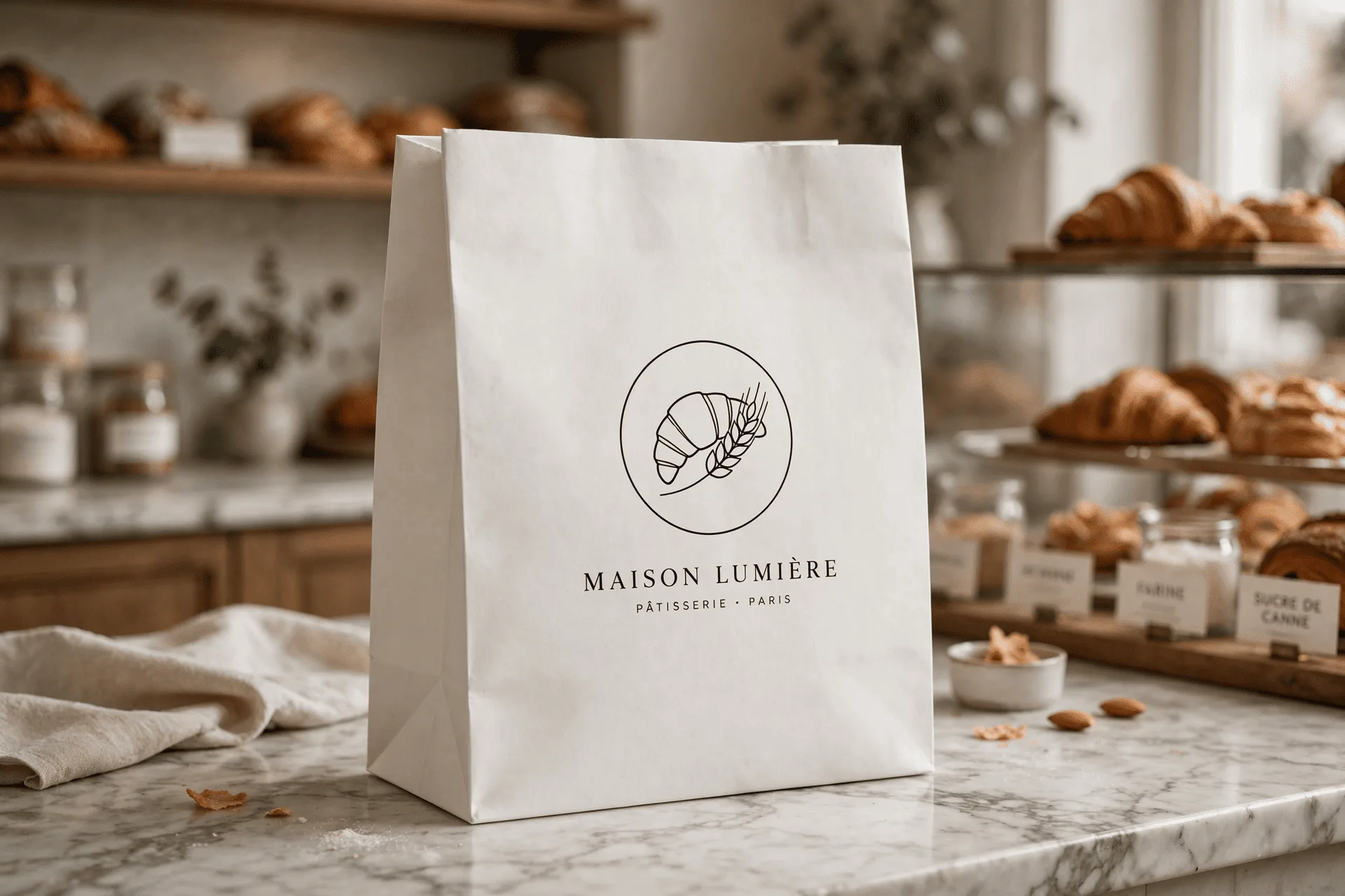 alt: An elegant, white paper bag with a simple black logo for a luxury bakery, sitting on a marble counter