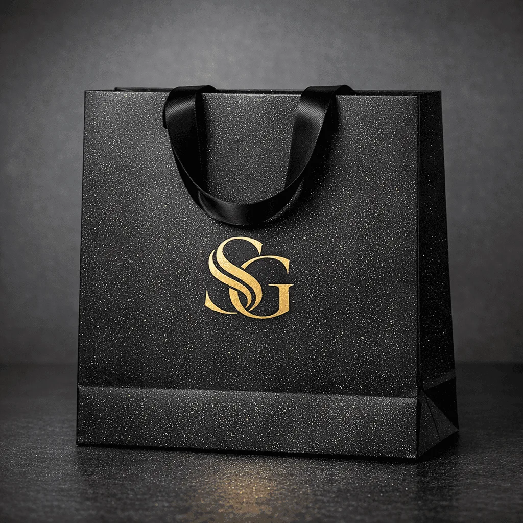 alt: An elegant black paper bag with a subtle, fine glitter finish and a simple, hot-stamped gold logo
