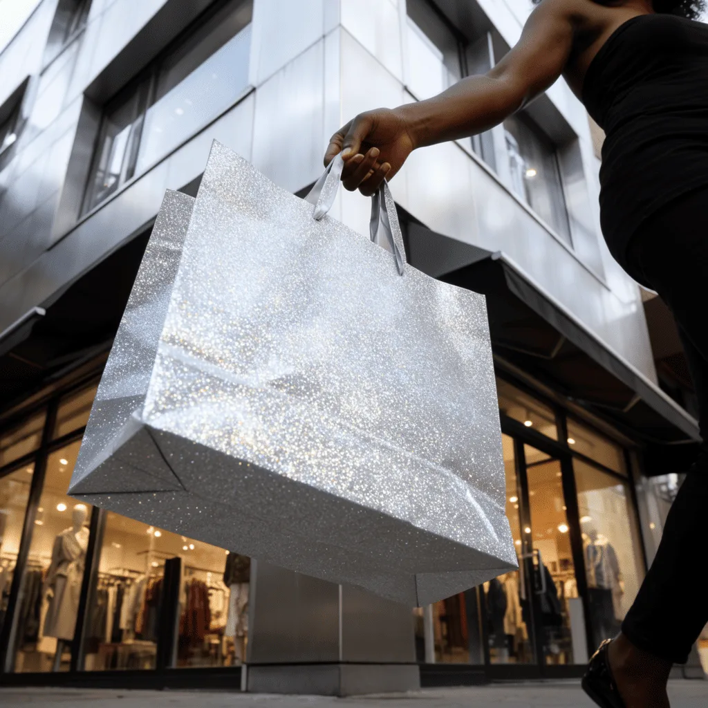 alt: A stunning silver glitter paper bag held by a shopper outside a luxury boutique