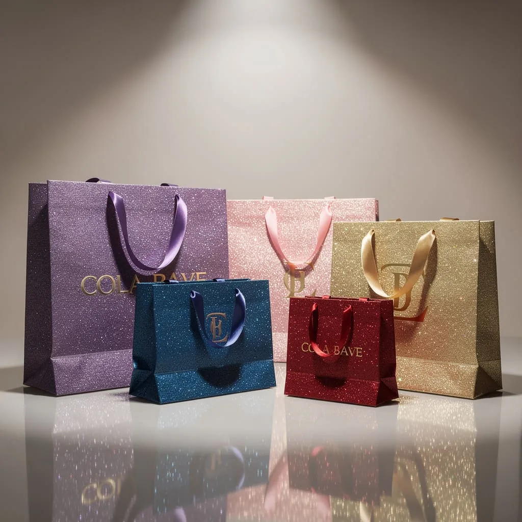alt: A collection of glittery shopping bags from cosmetics, fashion, and jewelry brands displayed together