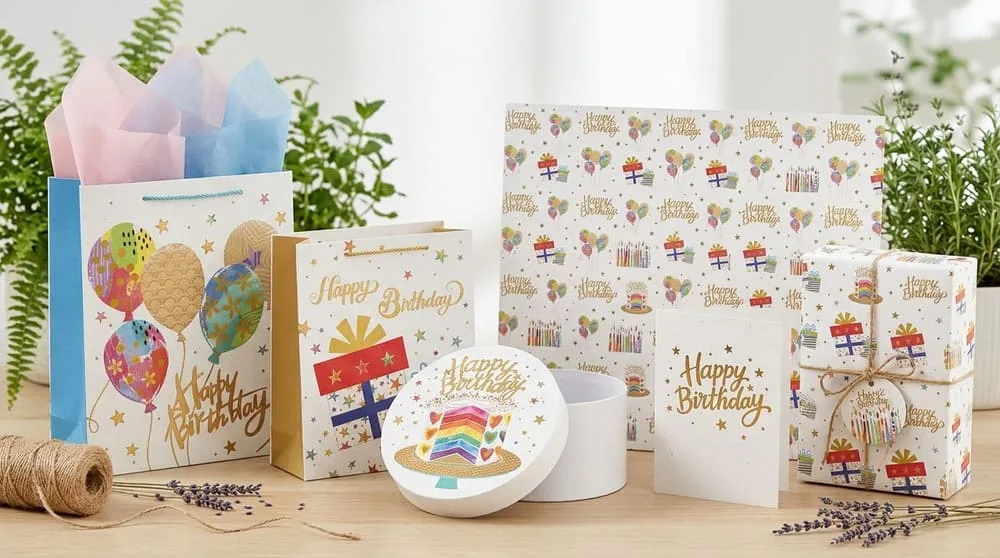 Birthday gift packaging collection: colorful gift boxes, bags and wrapping