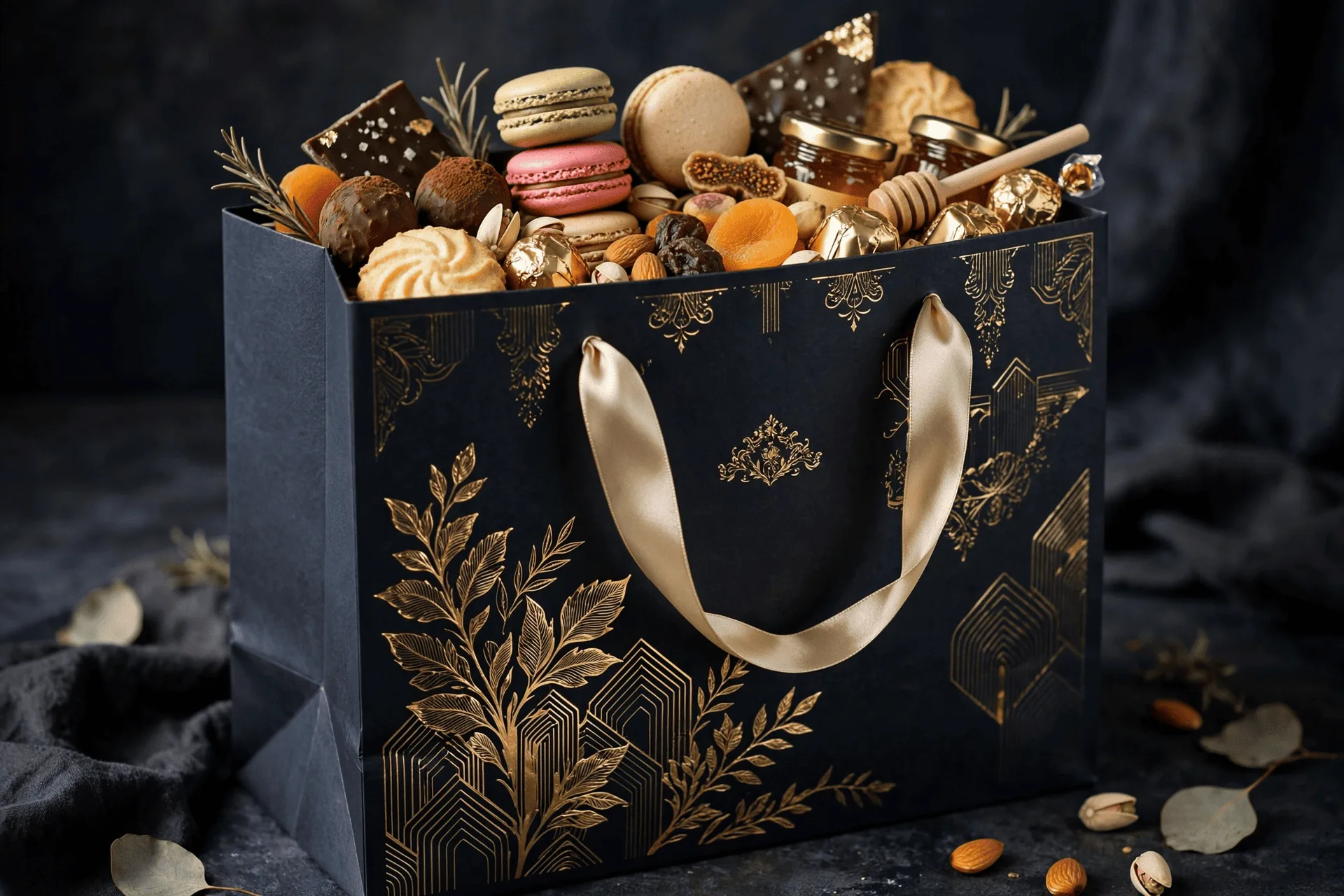alt: A dark, luxurious paper gift bag with gold hot stamping and soft ribbon handles, containing gourmet food items