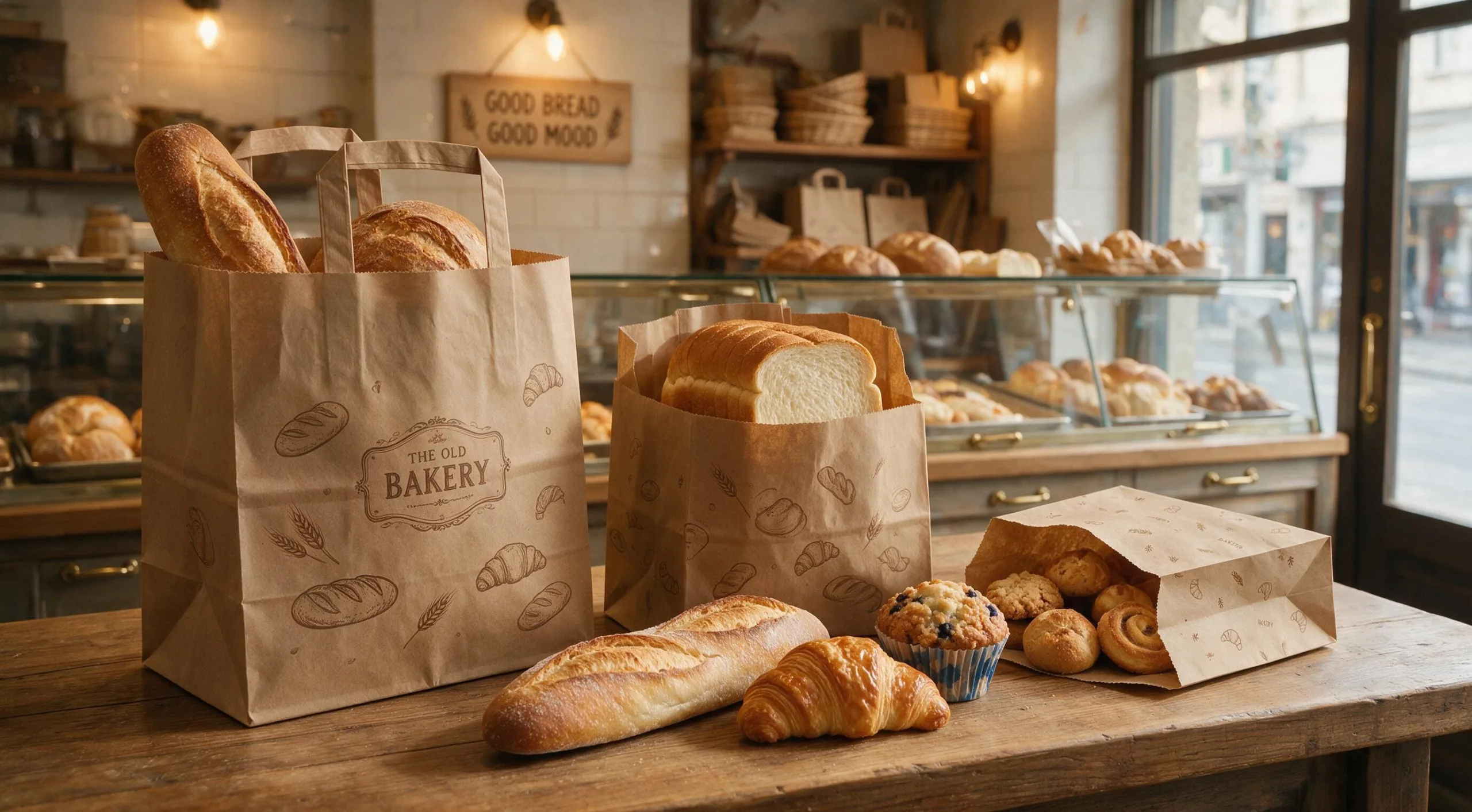 alt: An assortment of different sized paper bags for a bakery, showing how they fit different products like bread loaves and pastries.
