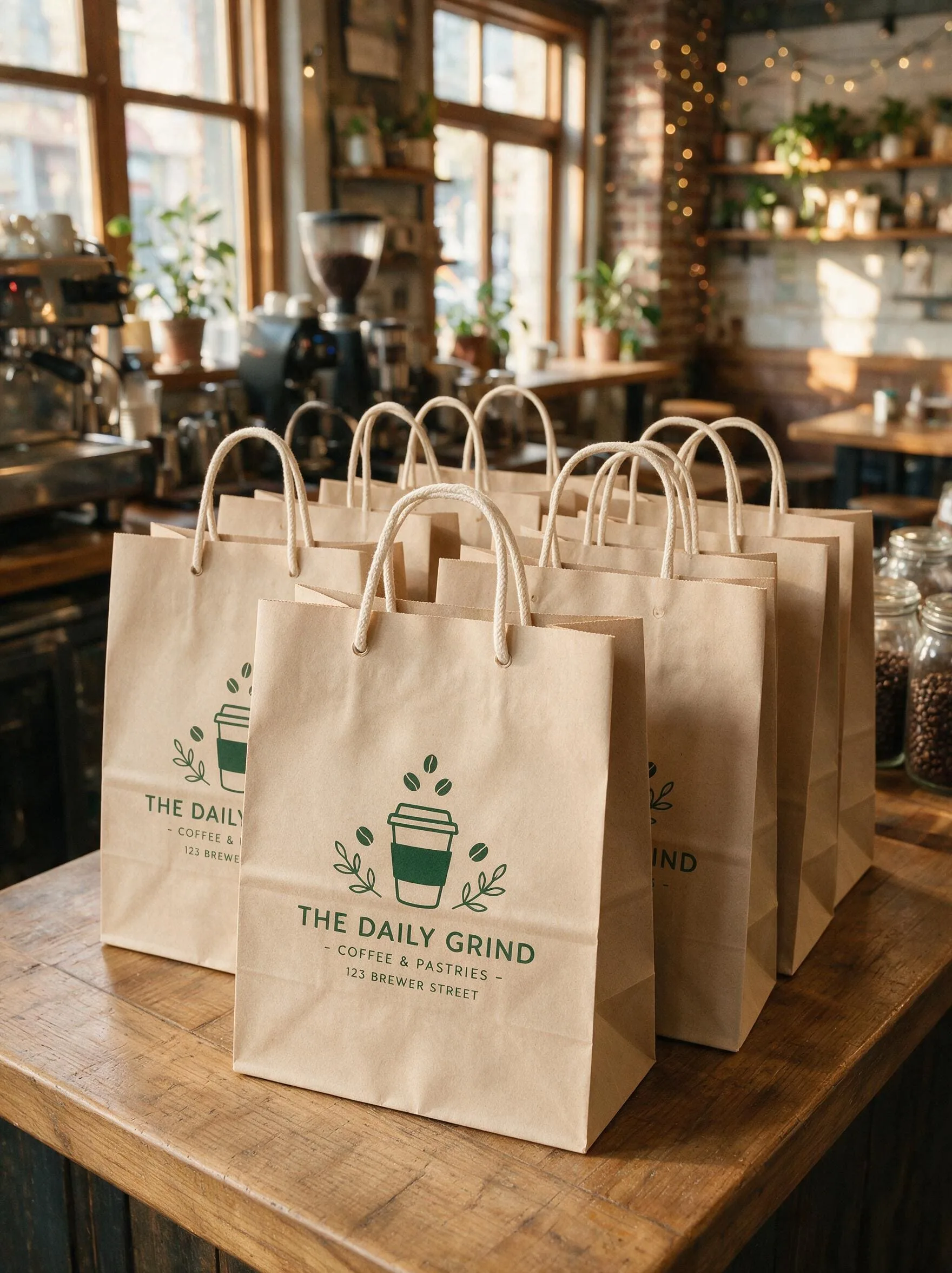 alt: A stack of custom printed paper takeout bags for a coffee shop, featuring a simple logo.