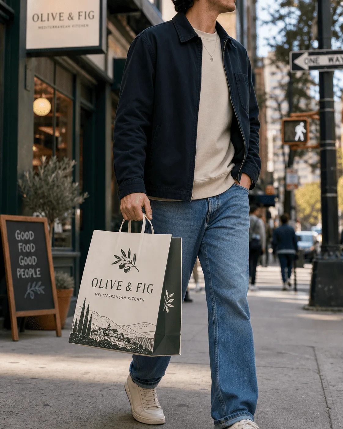 alt: A person carrying a stylish, custom-printed restaurant takeout bag down a city street.