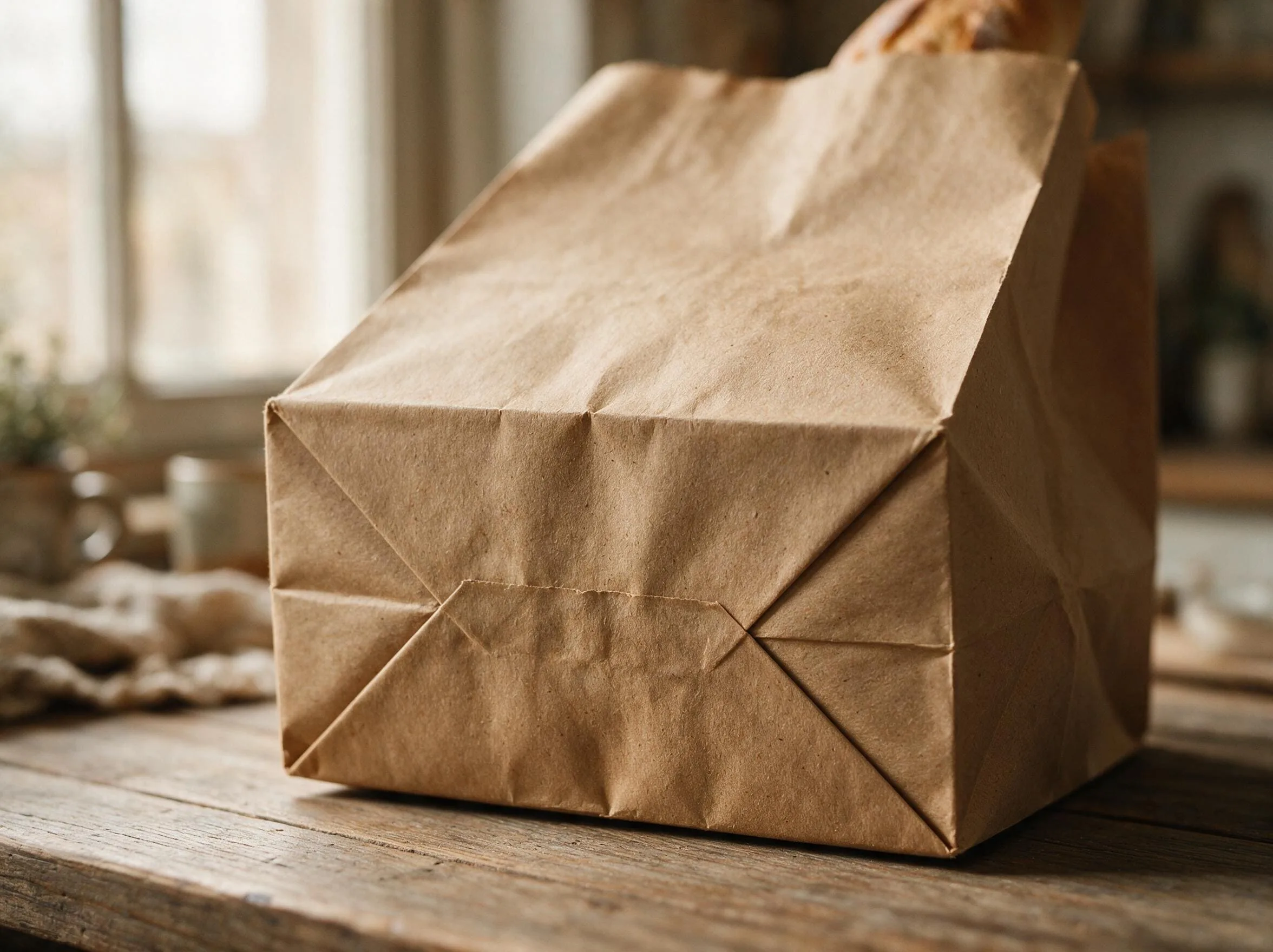 alt: Close-up on the reinforced bottom of a sturdy brown kraft paper bag.