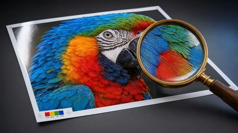 A close-up of a high-quality print on coated gloss paper, showing vibrant colors
