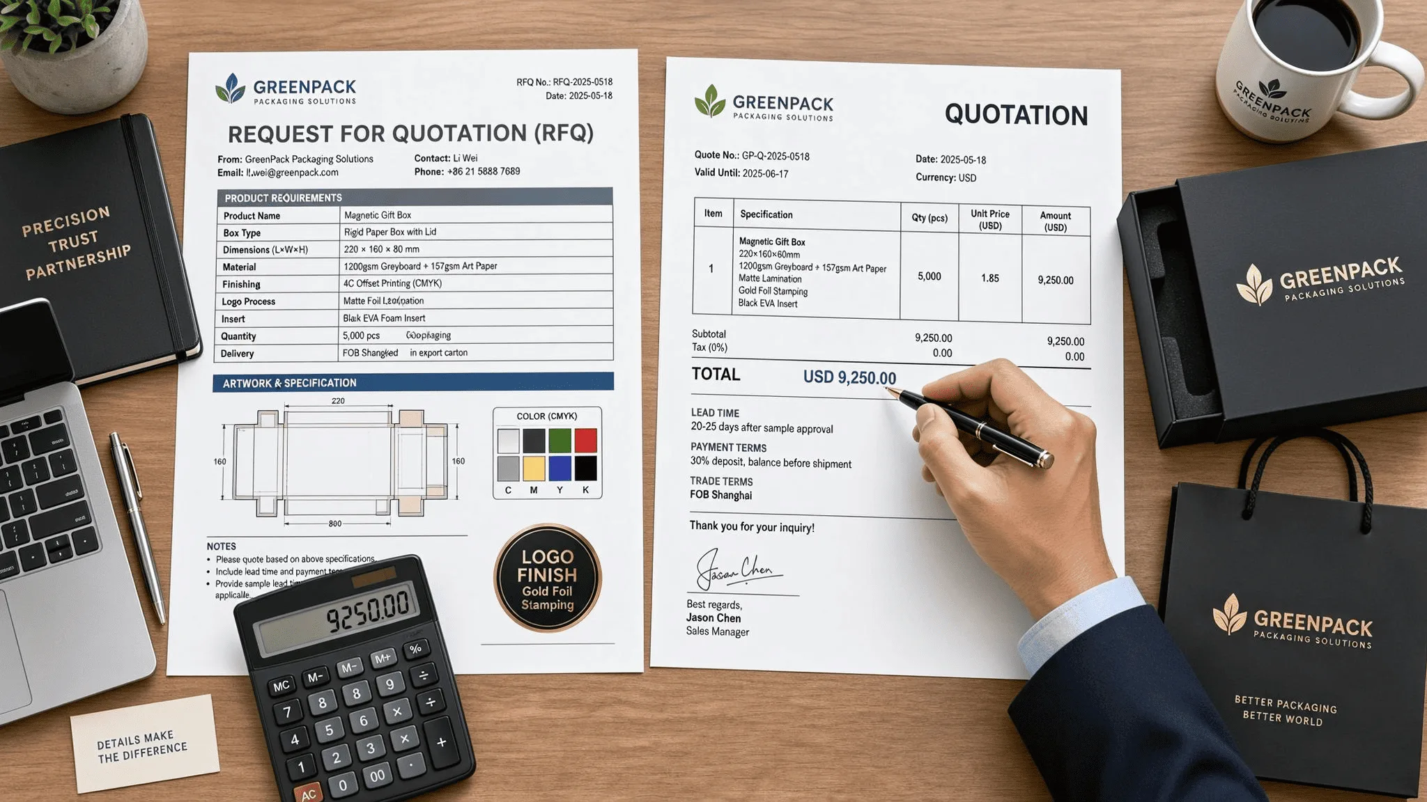 A checklist form being filled out with detailed specifications for a custom packaging order.