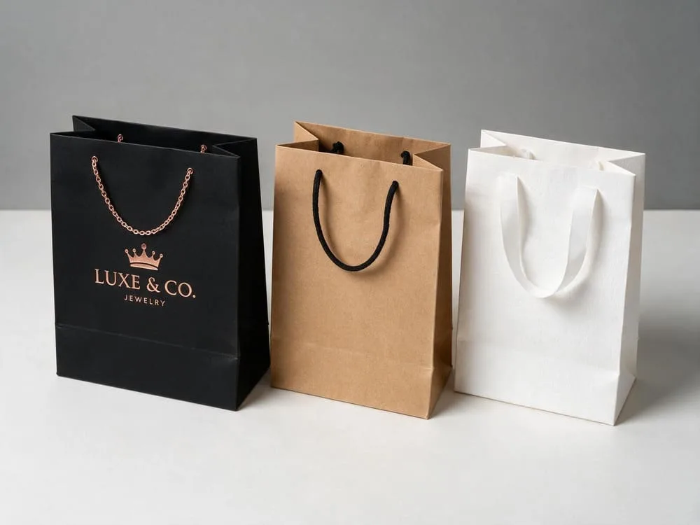 A collage of luxury jewelry paper bags in various materials and finishes, showcasing Kraft, coated art paper, and specialty textures with foil stamping and ribbon handles