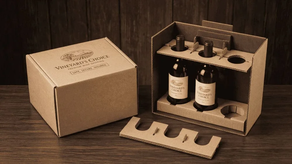 Bottle-specific insert engineering for custom wine shipping boxes, showing how internal supports prevent bottle movement