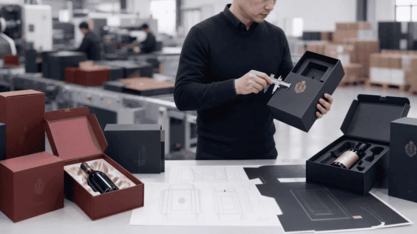 B2B wine brand procurement team evaluating a custom wine box manufacturer through sampling, quality control and export logistics