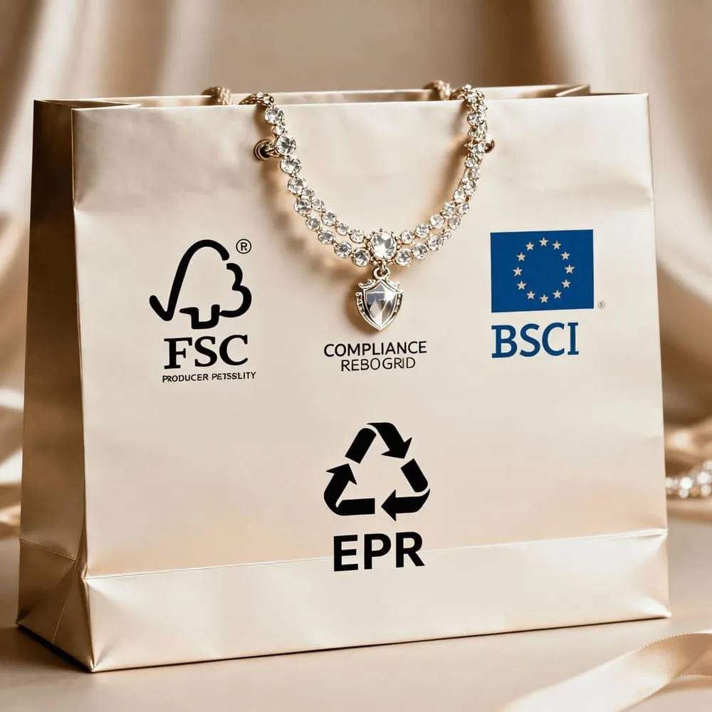 An infographic showing the logos of FSC, BSCI, and an icon representing EU EPR compliance for packaging
