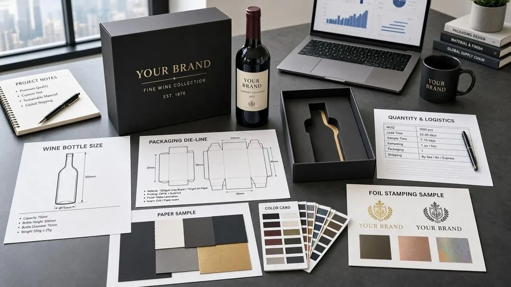 Professional custom wine box RFQ specification sheet showing bottle dimensions, quantity, materials, printing, finishing, inserts and shipping requirements