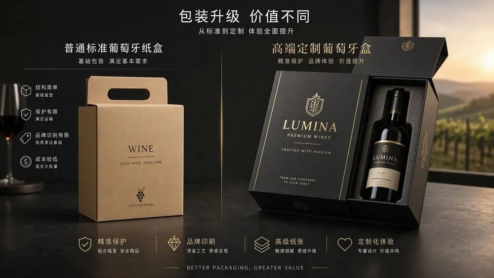 Side-by-side comparison of standard wine boxes and custom wine boxes for cost, protection, branding, sustainability and shipping