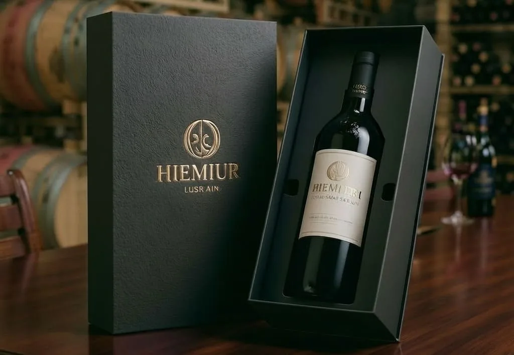 Luxury custom wine gift box with gold foil, embossed winery logo, textured paper and magnetic closure