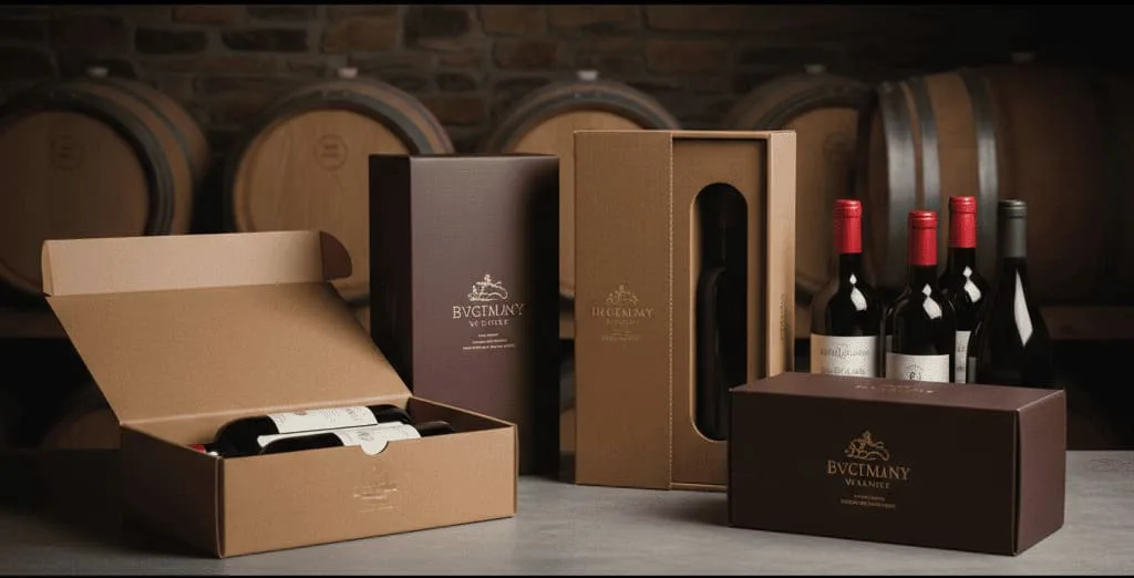 Premium custom wine boxes for wine bottles, showing luxury paperboard packaging, bottle-specific inserts, foil stamping and sustainable paper materials