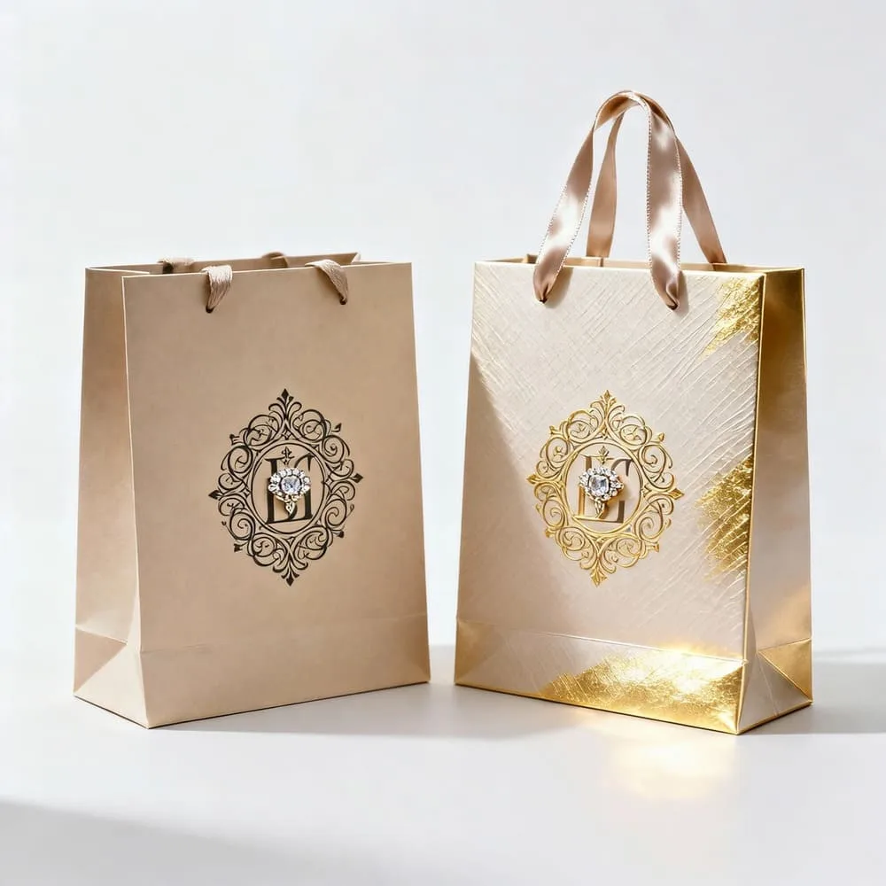 An image demonstrating the proper fit of a jewelry box inside a custom-sized paper bag, with just enough room for tissue paper