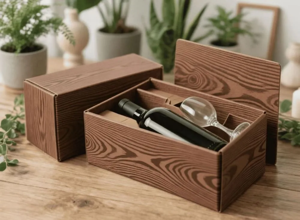 Sustainable custom wine boxes made from FSC-certified paperboard with recyclable inserts and right-sized dimensions