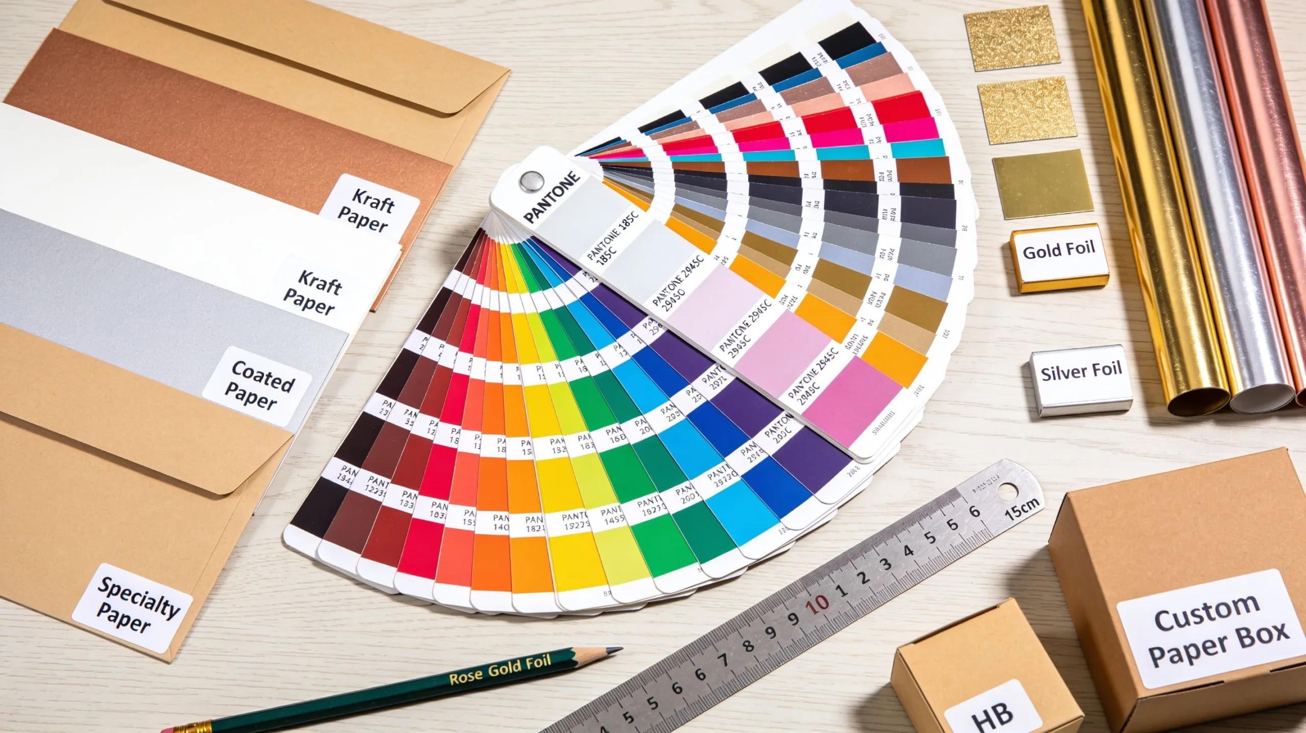 An overhead shot of various paper packaging components—material swatches, Pantone color books, foil samples—arranged neatly on a designer's desk.