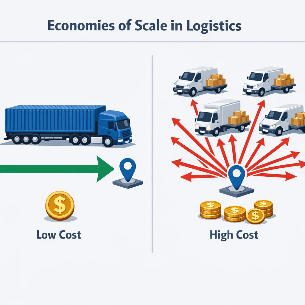 A side-by-side infographic showing a single large shipping container vs many small boxes, illustrating economies of scale in logistics.