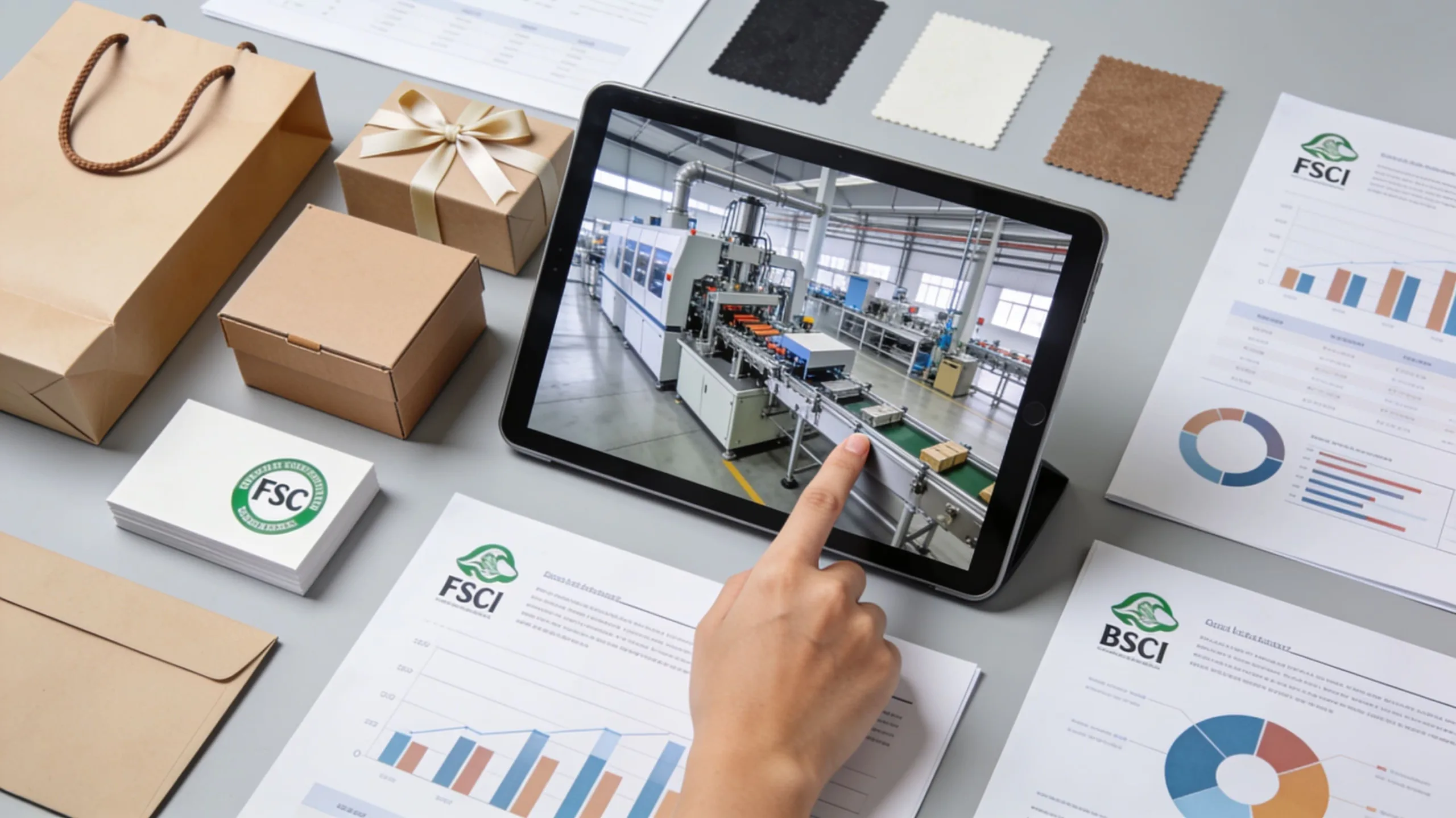 A collage showing an FSC certificate, a video screenshot of a busy factory floor, and a hand holding a high-quality paper sample.