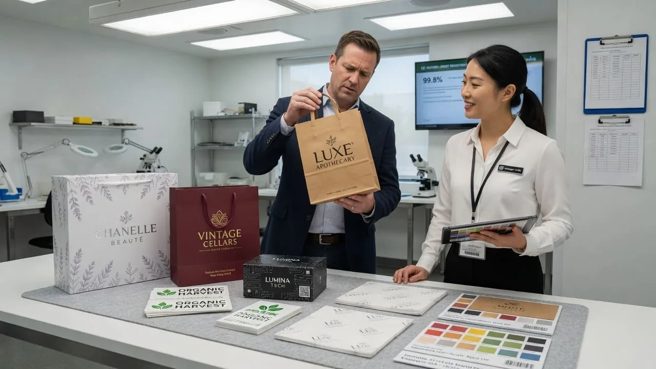 A procurement manager carefully inspecting a set of custom paper packaging samples on a desk, comparing materials and print quality.
