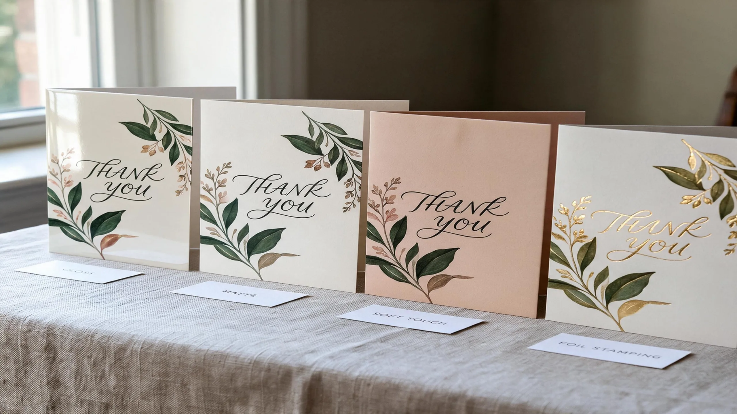 A close-up shot comparing different greeting card finishes side-by-side: gloss, matte, soft touch, and foil stamping.