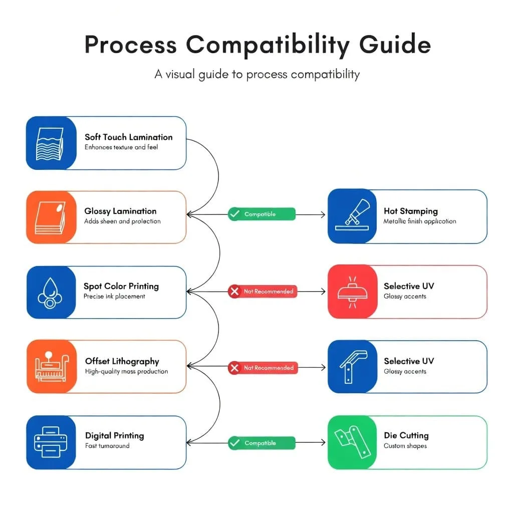 A diagram or flowchart showing compatible and incompatible finish combinations.