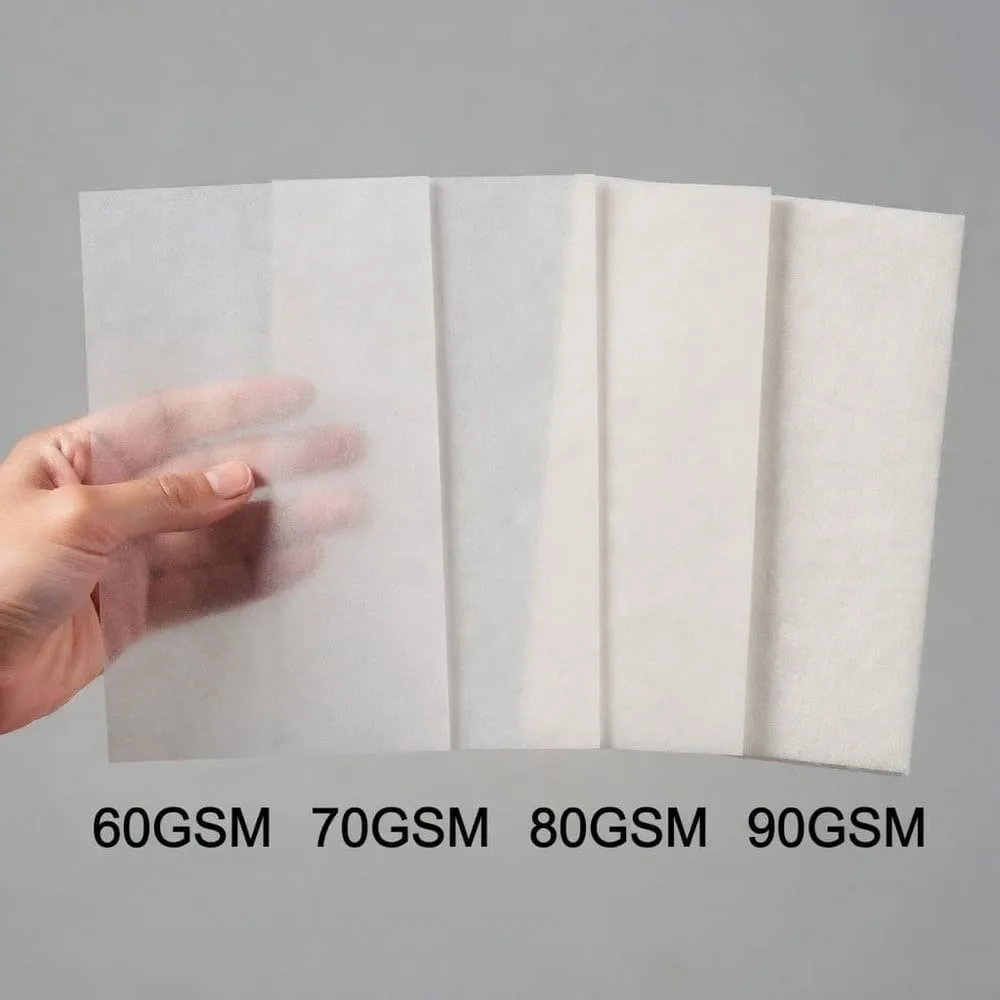 A visual spectrum showing paper at 60 GSM (thin, translucent) to 90 GSM (thick, opaque) with labels for quality.