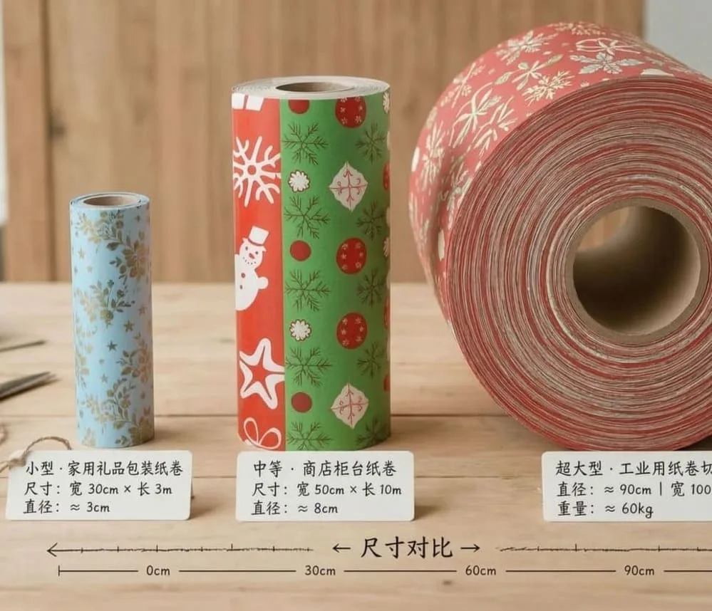 A side-by-side visual comparison of a small consumer wrapping paper roll, a medium-sized counter roll, and a large industrial bulk roll.