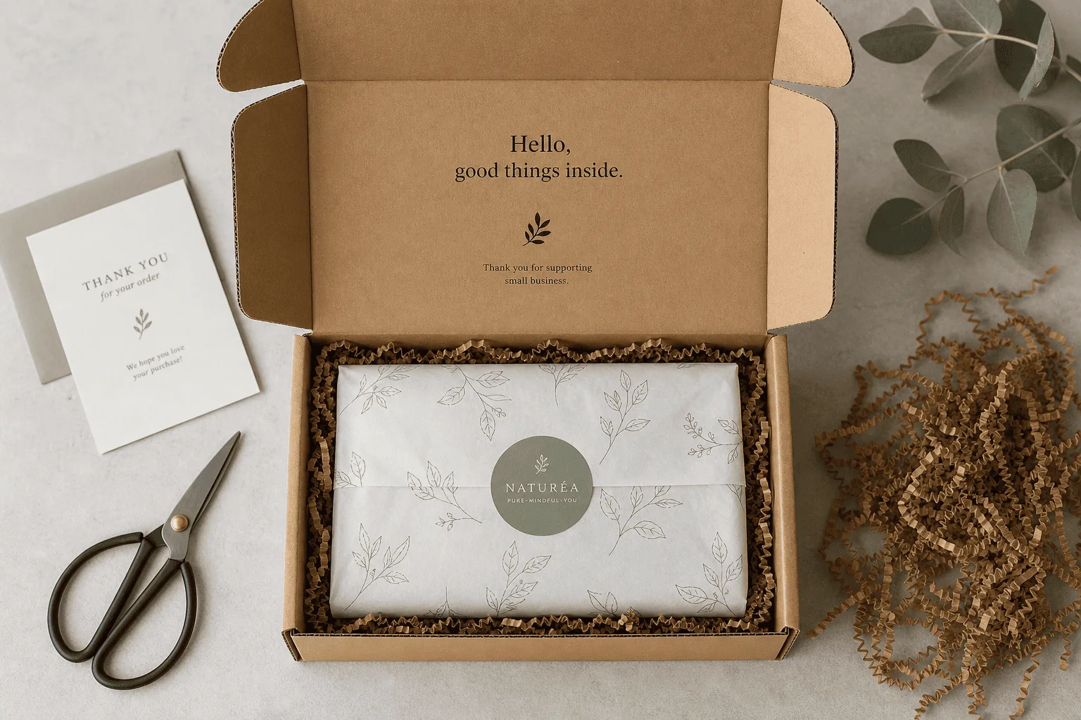 alt: An unboxing scene with a sturdy corrugated mailer box open, revealing a product nestled safely inside with branded tissue paper.